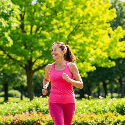Person jogging in a park, smiling, with vibrant greenery in the background, conveying consistency and resilience, no text, no words, no typography, clean image
