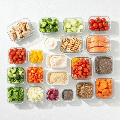 Meal prep ingredients and containers