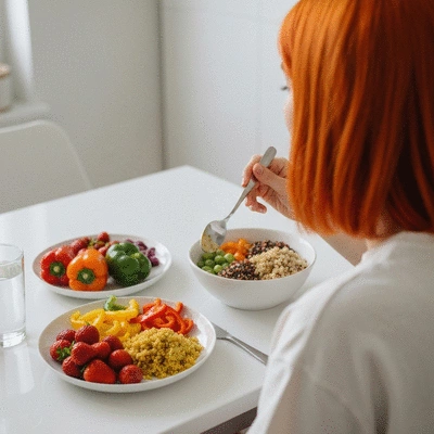 Person enjoying a balanced, colorful meal