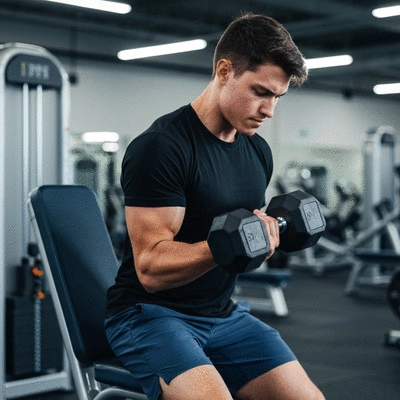 Person performing a bicep curl with a dumbbell, demonstrating strength training fundamentals