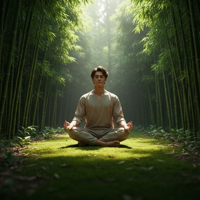 Person meditating peacefully in a calm, natural setting