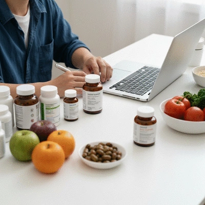 Person researching dietary supplements on a laptop, with a variety of supplement bottles and healthy food items on a table
