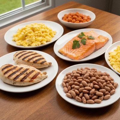 Close-up of various protein-rich foods like chicken, fish, eggs, and beans arranged aesthetically on a wooden table.