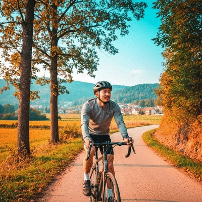 User cycling outdoors with a scenic backdrop