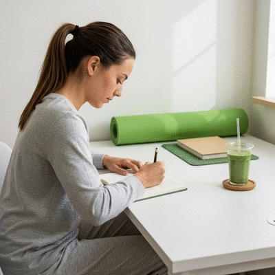 Person journaling about health, with a green smoothie and yoga mat nearby