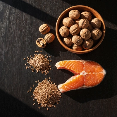 Assortment of omega-3 rich foods like salmon, walnuts, and flaxseeds