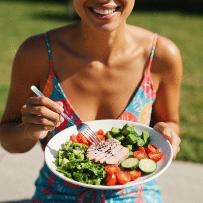 Person enjoying a healthy meal outdoors, smiling, with fresh vegetables and lean protein on their plate, no text, no words, no typography, clean image