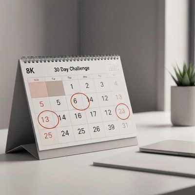 Calendar with circled dates representing a 30-day challenge for stress management