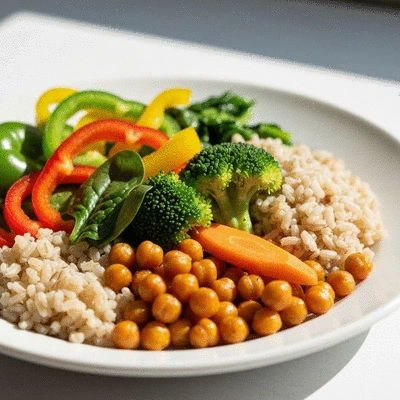 A healthy meal with colorful vegetables and grains