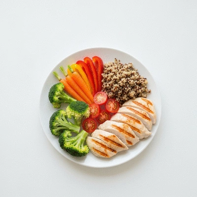 A balanced plate with high-protein foods like lean chicken and vegetables, and low-GI foods like quinoa, representing healthy dietary choices, clean background, no text, no words, no typography
