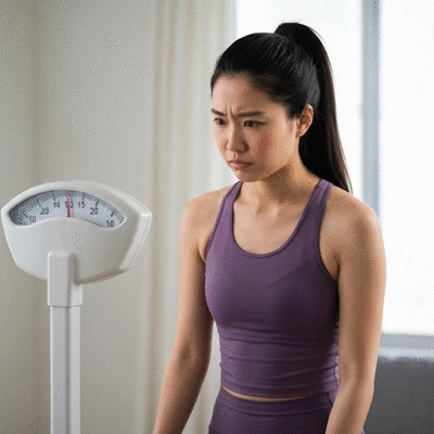 Person looking frustrated at a scale, then determined, illustrating breaking through a weight loss plateau, clean image, no text, no words, no typography