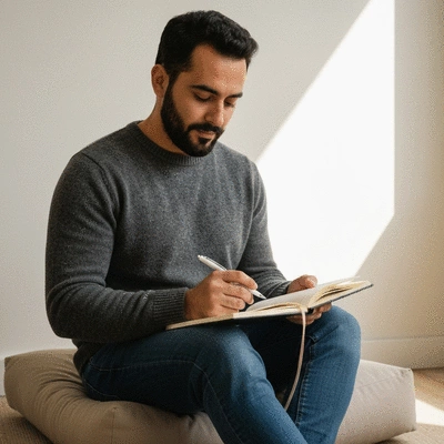 A person journaling about their meditation practice, with a serene background