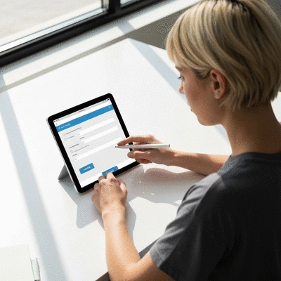 User submitting online form on tablet