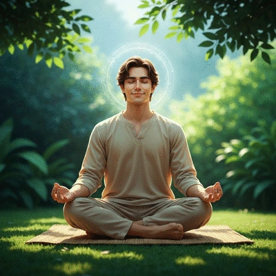 Person meditating in a calm, natural setting, with a subtle glow around their head
