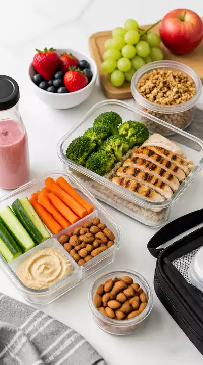 Healthy travel meal planning with snacks and fresh ingredients