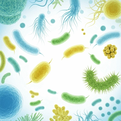 Microorganisms and beneficial bacteria in a healthy gut environment, no text, no words, no typography, clean image