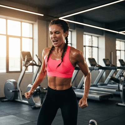 Person performing high-intensity interval training, sweating and focused