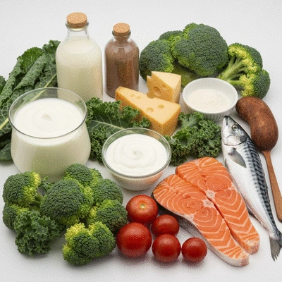 Variety of calcium and vitamin D rich foods like dairy, leafy greens, and fatty fish on a clean background