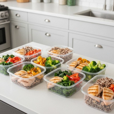 Healthy meal prep containers with lean protein, vegetables, and whole grains, clean image, no text, no words, no typography