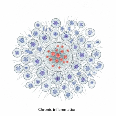 Microscopic view of inflamed cells with various immune cells surrounding them, depicting chronic inflammation