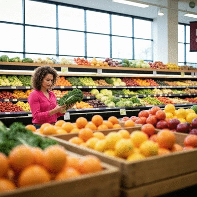 Person reading a nutrition label on a food product in a grocery store, focusing on making healthy choices