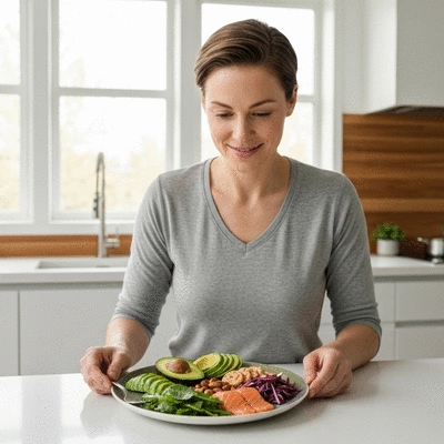 Person looking at a plate of healthy keto-friendly food: avocado, leafy greens, salmon, and nuts