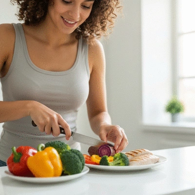 Person making healthy food choices with a variety of colorful fruits, vegetables, and lean protein on a kitchen counter