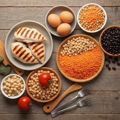 Assortment of high-protein foods like chicken, eggs, and legumes on a rustic wooden table