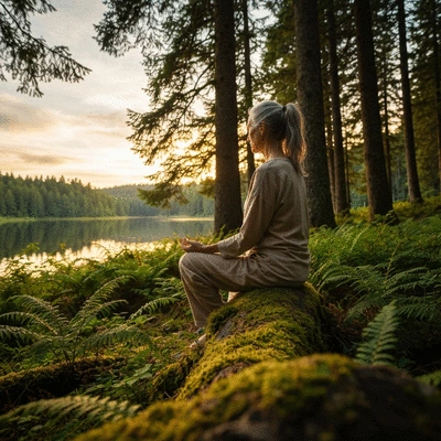 Person meditating peacefully in a natural setting, calm and serene, clean image, no text, no words, no typography