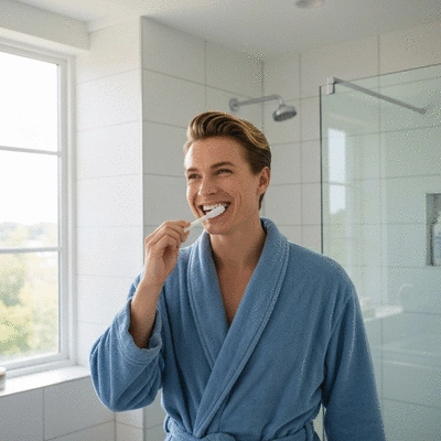 Person brushing teeth with a clean, bright smile