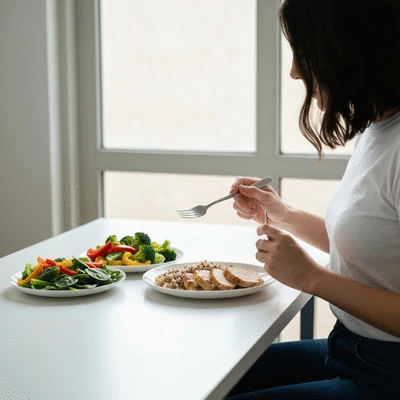 Person eating a healthy, balanced meal, clean image
