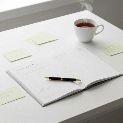 Open resilience workbook with pen and inspiring notes, no text, no words, no typography