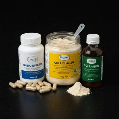 Various forms of collagen supplements like powder, capsules, and liquid