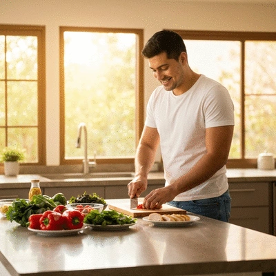 Person preparing a healthy meal with fresh ingredients on a clean kitchen counter, emphasizing healthy food choices