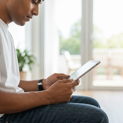 Woman reviewing a personalized health plan on a tablet with a glass of water and vegetables nearby