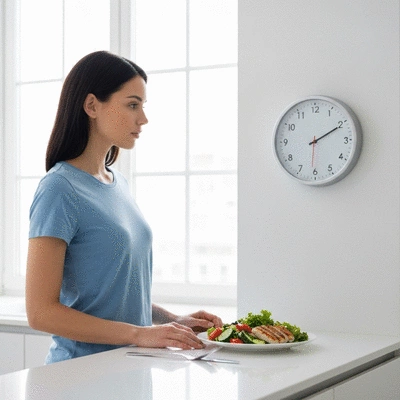 Person looking at a clock and a healthy meal, symbolizing meal timing and intermittent fasting