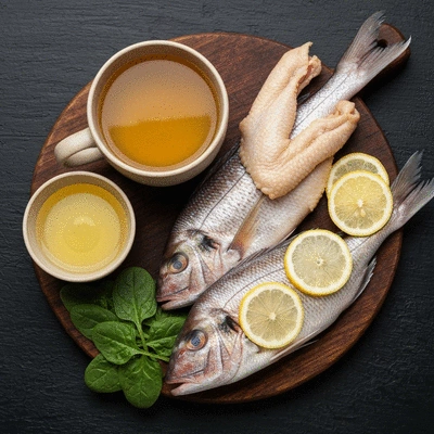 Various natural sources of collagen like bone broth, fish, and leafy greens