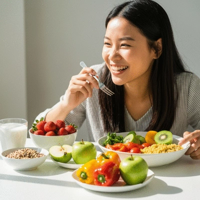 Person enjoying a balanced meal with fruits, vegetables, and whole grains