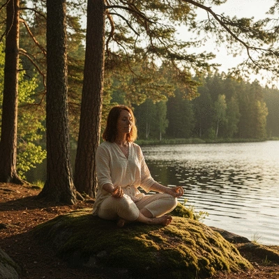 A relaxed person meditating in nature
