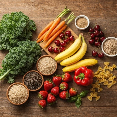 Assortment of healthy eating foods like vegetables, fruits, and grains on a wooden table