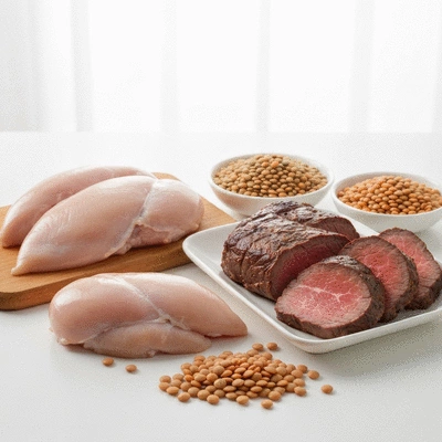 A selection of protein sources such as meats and legumes