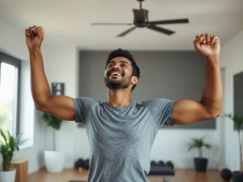 Person celebrating fitness success with a healthy lifestyle