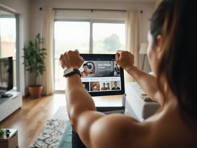 Person exercising at home with a laptop, representing a fitness journey with Fairfax Fitness